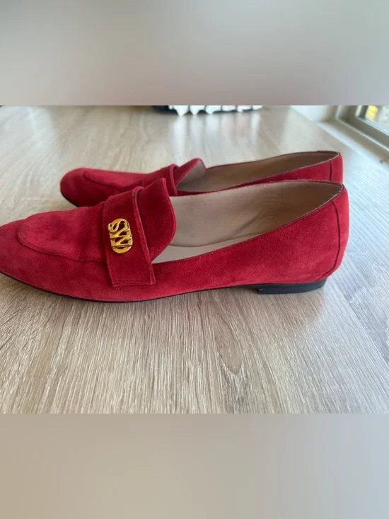Stuart Weitzman Red Suede Loafers with Gold SW Emblem - Picture 7 of 8
